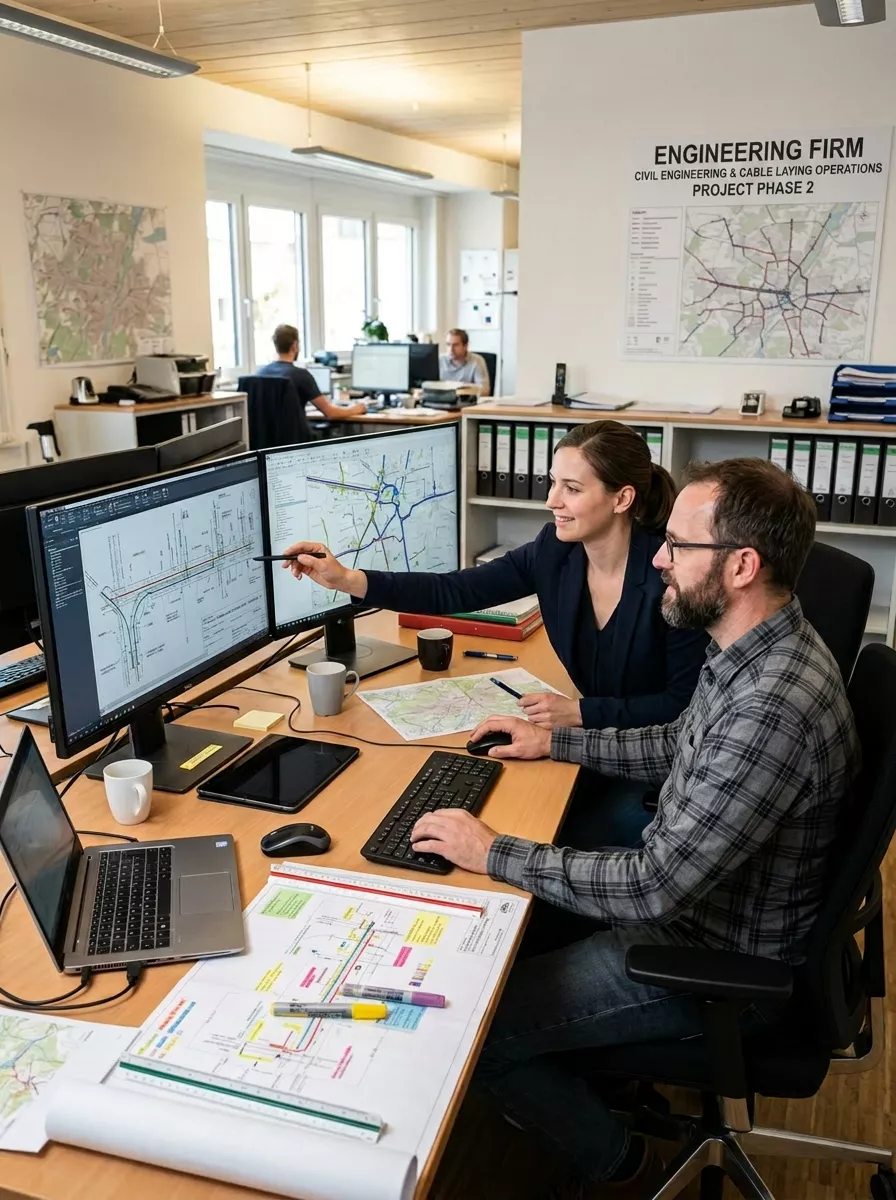Engineering firm for civil engineering and cable laying operations – team planning a project on dual monitors