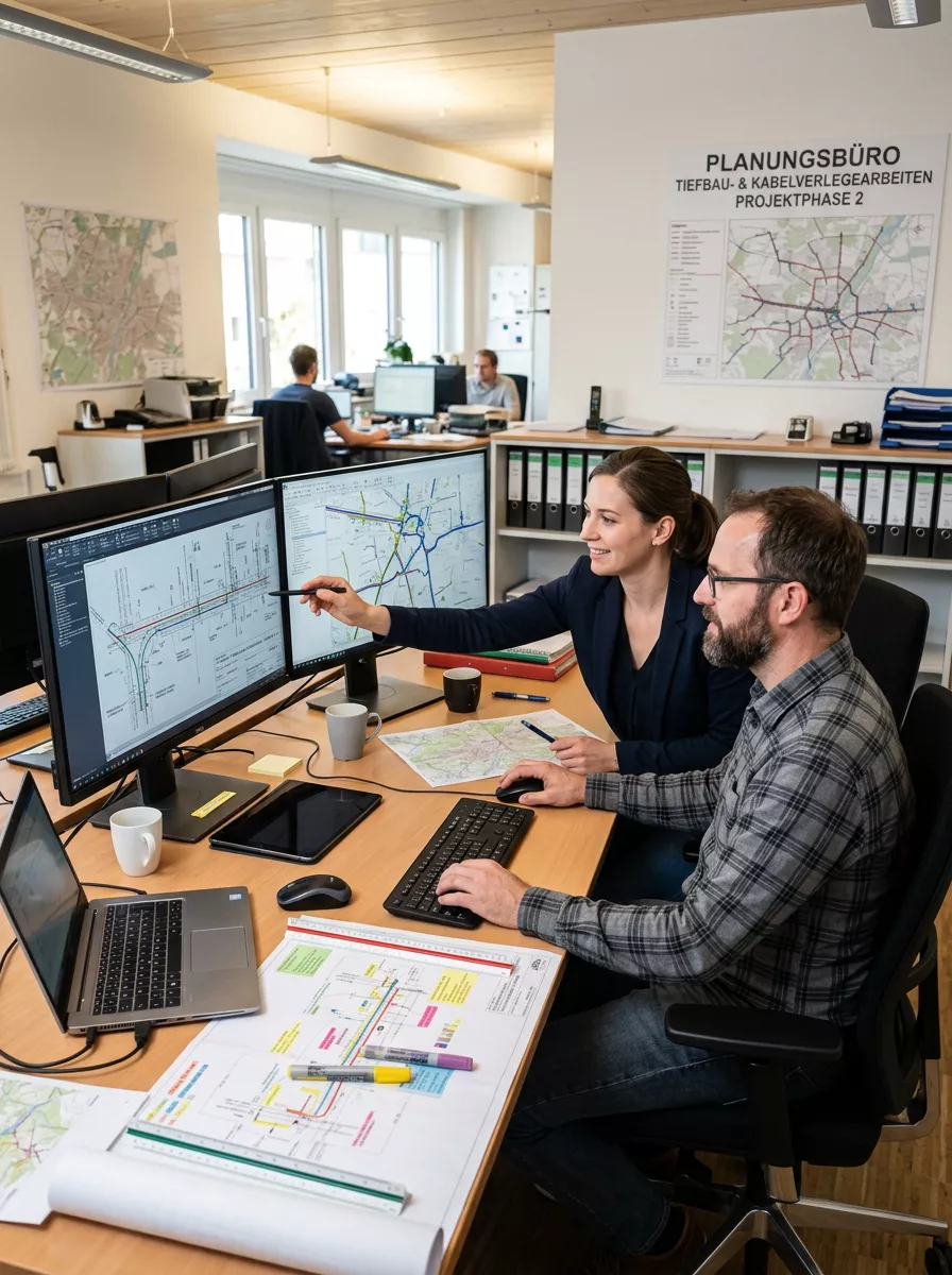 Planungsbüro für Tiefbau- und Kabelverlegearbeiten – Team bei der Projektplanung an Doppelmonitoren